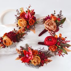 Set of Rust red burgundy flower accessories Wedding hair combs Boutonniere Buttonhole Groom Groomsmen Wrist corsage