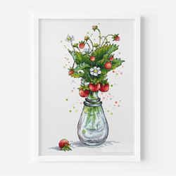 Strawberry Cross Stitch Pattern PDF, Berries Counted Cross Stitch, Cute Summer Flowers Bouquet Embroidery Design Digital
