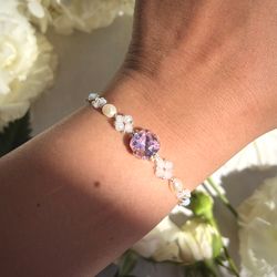 Pink crystal beaded bracelet Flower bracelets Bracelets set Pinky jewelry Daisy bracelets Gift for her