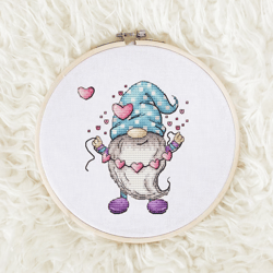 Gnome Valentin with a garland Cross stitch
