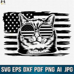 Patriotic Cat Svg, Cat Sunglasses USA Flag Svg, 4TH Of July Svg, Cat with USA Flag Glasses Svg, Cat Svg, Cat Clipart, Ca