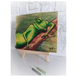 Oil Pastel Painting Frog Handmade Reptile Painting Minimalism