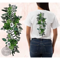 spine green flowers png, floral spine sublimation design, skull flowers back design, rose spine design png, bones flower