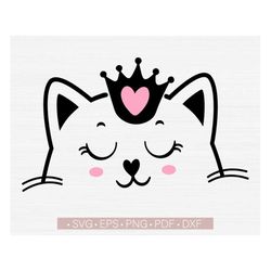 cat face svg, cute cat face with crown, sweet cat face svg, animals svg, baby shower boy girl svg cut file for cricut, c
