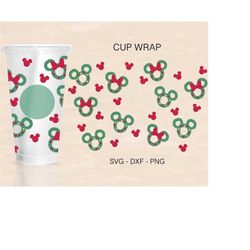 Christmas Wreath Cup Wrap Svg, Christmas Full Wrap, Wreath Mouse Ears Svg, Venti Cold Cup 24oz, Coffee Wrap, Files For C