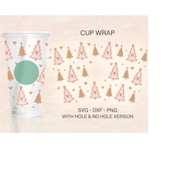 Christmas Tree and Hearts Cup Wrap Svg, Xmas Full Wrap, Christmas Tree Svg, Venti Cold Cup 24oz, Coffee Wrap, File For C