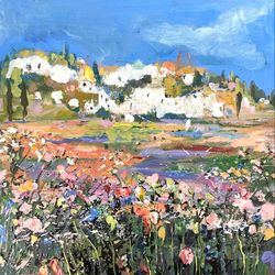 Landscape painting Provence fields Original oil painting Impressionism art Galainart Flowers fields painting Wall decor