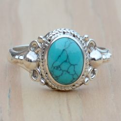 Boho Turquoise Ring Women, Sterling Silver Turquoise Ring, Oval Stone Ring, Blue Turquoise Gemstone Jewelry, Unique Gift