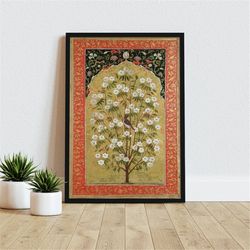 vintage mughal floral bird wall art, living room decor, indian painting, indian poster, canvas wall art, paintings, 1800