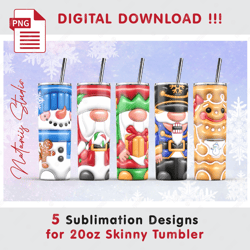 5 Funny Christmas Patterns - 3D Inflated Trendy Puffy Style - Sublimation Patterns - 20oz SKINNY TUMBLER - Full Wrap