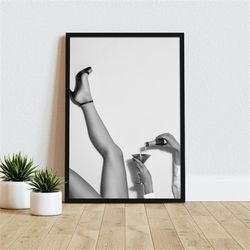 high heels woman wine canvas art , black and white, bar cart wall art, fine art, teen girl room decor, vintage bar decor