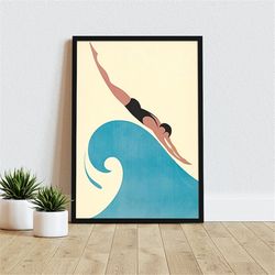 vintage poster canvas wall art , swimming poster, diver, into the sea, gft or decor idea, wrapped, framed, hanging or pr