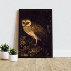 Antique Owl Painting | Dark Academia Canvas Wall Art | Moody Rustic Bird Print | Vintage Animal Wall Art Wrapped, Framed