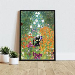gustav klimt garden cat print, klimt flowers cat poster, floral print, funny cat print, black cat art, funny gift, home