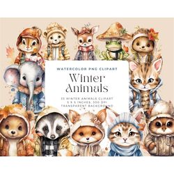 watercolor winter animals clip art, animals wearing jackets watercolor jpg, winter animal clipart, cute watercolor anima