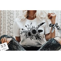 sunflower and feathers svg, sunflower illustration svg, sunflower svg, boho flower svg, flower quotes svg, sunshine svg,