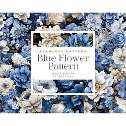 blue floral digital paper, seamless pattern, blue and white floral pattern, sublimation, journaling, watercolor seamless
