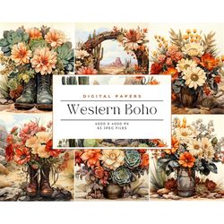 western boho digital paper backgrounds, western boho, cowgirl floral wedding png format instant download, commercial use