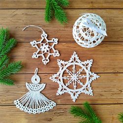 Crochet Christmas tree ornaments patterns 4 designs Crochet angel pattern  Snowflake decorations Crochet Christmas ball