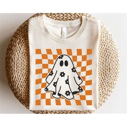 checkered daisy ghost svg, floral ghost outline svg, checkered halloween shirt svg, groovy ghost svg, spooky season svg,