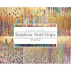 Dripping Rainbow Gold Digital Paper, glitter and foil backgrounds, Junk Journal Paper, Printable Paper, Commercial Use,