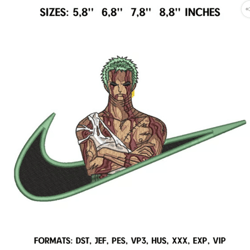 roronoa zoro / one piece anime embroidery design file machine embroidery pattern. pes dst. format nike swoosh