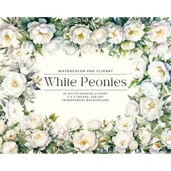 23 white peonies flowers png, watercolor floral clipart bouquets, elements, commercial use, digital clipart png