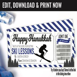 Hanukkah Ski Lessons Ticket Surprise Gift Voucher, Ski Lift Lesson Printable Template Gift Card, Editable Instant