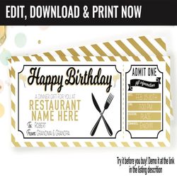 Birthday Surprise Restaurant Gift Voucher, Restaurant Dinner Date Printable Template Gift Card, Editable Instant