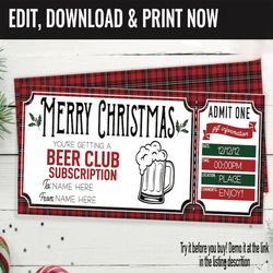 Christmas Surprise Beer Subscription Gift Voucher, Beer of the Month Printable Template Gift Card, Editable Instant
