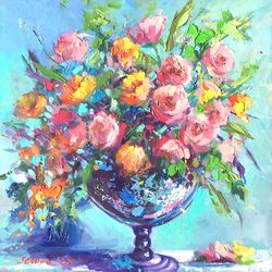 Flower Painting Original 8X8 Bouquet of  Flowers Art Art  Blue Pink