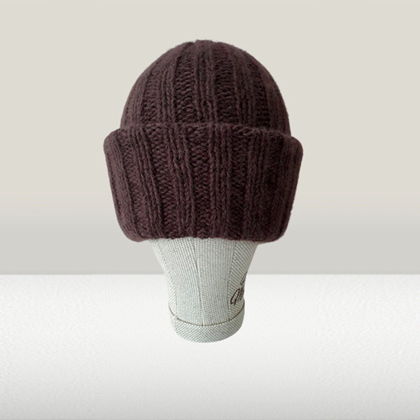 Women's chocolate-color double-knitted beanie 1.jpg