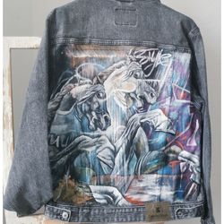 denim jacket, hand painted women jean clothes, ooak art, custom jean jacket, designer graffiti print, personalized art