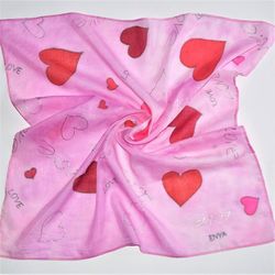 Hand Painted Hearts Square silk Scarf - Unique Gift for Women