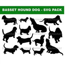 basset hound silhouette pack - 14 designs | digital download | basset hound svg, basset hound png, basset hound dog, bas