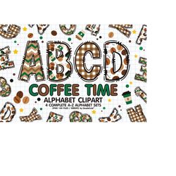 coffee doodle alphabet sublimation clipart png, number & a-z upper case font letters complete set bundle