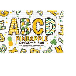 pineapple doodle alphabet sublimation clipart png, number & a-z upper case font letters complete set bundle
