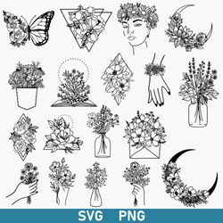 flower bundle svg, floral moon svg, flower butterfly svg, wildflower svg, bouquet svg, png digital file