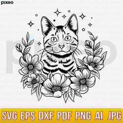 cat with flowers svg, cat svg, cat flower svg, cat head svg, cat clipart png, cat cricut, cat cut file, cat shirt, cat