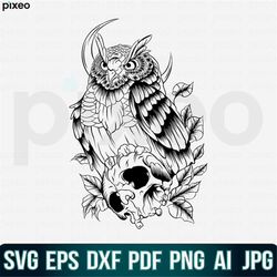 owl with skull svg, owl svg, owl flower svg, owl head svg, owl clipart, owl cricut, owl cut file, owl moon shirt, owl ma