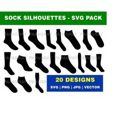 Socks SVG Silhouette Pack - 20 Designs | Digital Download | Sock PNG, Sock Shape, Sock Outline, Socks Vector Graphic