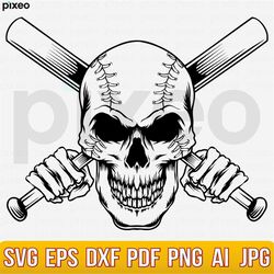 Baseball Skull With Crossed Bats Svg, Skull Svg, Baseball Svg, Softball Skull Svg, Baseball Skull Clipart, Baseball Skul