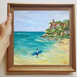 Seascape painting Original oil painting Bali Surfer Ocean Impasto Wall Decor art Bali landscape painting Impressionism