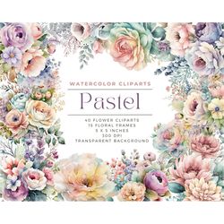 55 pastel flowers png, watercolor floral clipart bouquets, elements, commercial use, digital clipart png