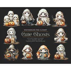 watercolor cute ghost collection clipart, spooky halloween ghost clipart, watercolor clipart, commercial license