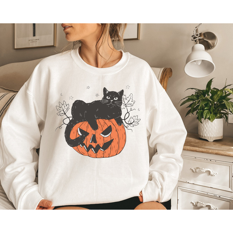 Black Cat on Pumpkin Sweatshirt, Sweater for fall, Black Cat Sweater, Halloween Black Cat Design, Halloween Gifts for Cat Owner - 2.jpg
