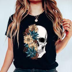 bloom skull shirt, halloween shirt, floral skull boho graphic tee, womens fall shirt, flower skull skeleton t-shirt, ske