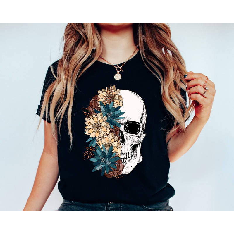 Bloom Skull Shirt, Halloween Shirt, Floral Skull Boho Graphic Tee, Womens Fall Shirt, Flower Skull Skeleton T-Shirt, Skeleton Blooms - 1.jpg