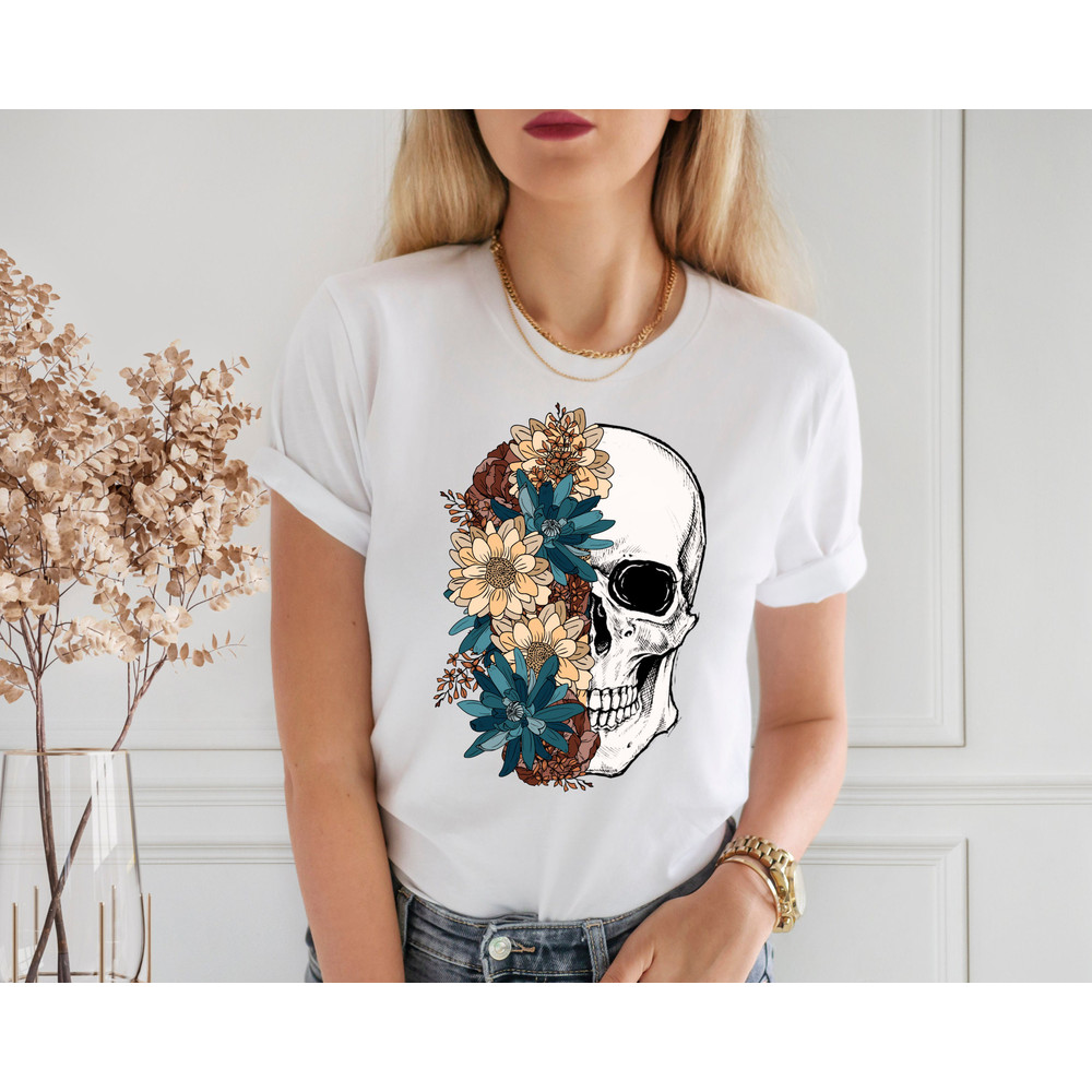 Bloom Skull Shirt, Halloween Shirt, Floral Skull Boho Graphic Tee, Womens Fall Shirt, Flower Skull Skeleton T-Shirt, Skeleton Blooms - 2.jpg