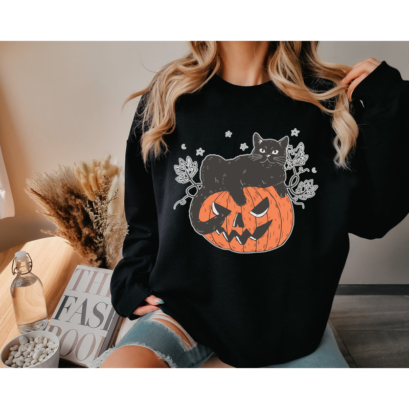 Black Cat on Pumpkin Sweatshirt, Sweater for fall, Black Cat Sweater, Halloween Black Cat Design, Halloween Gifts for Cat Owner - 4.jpg